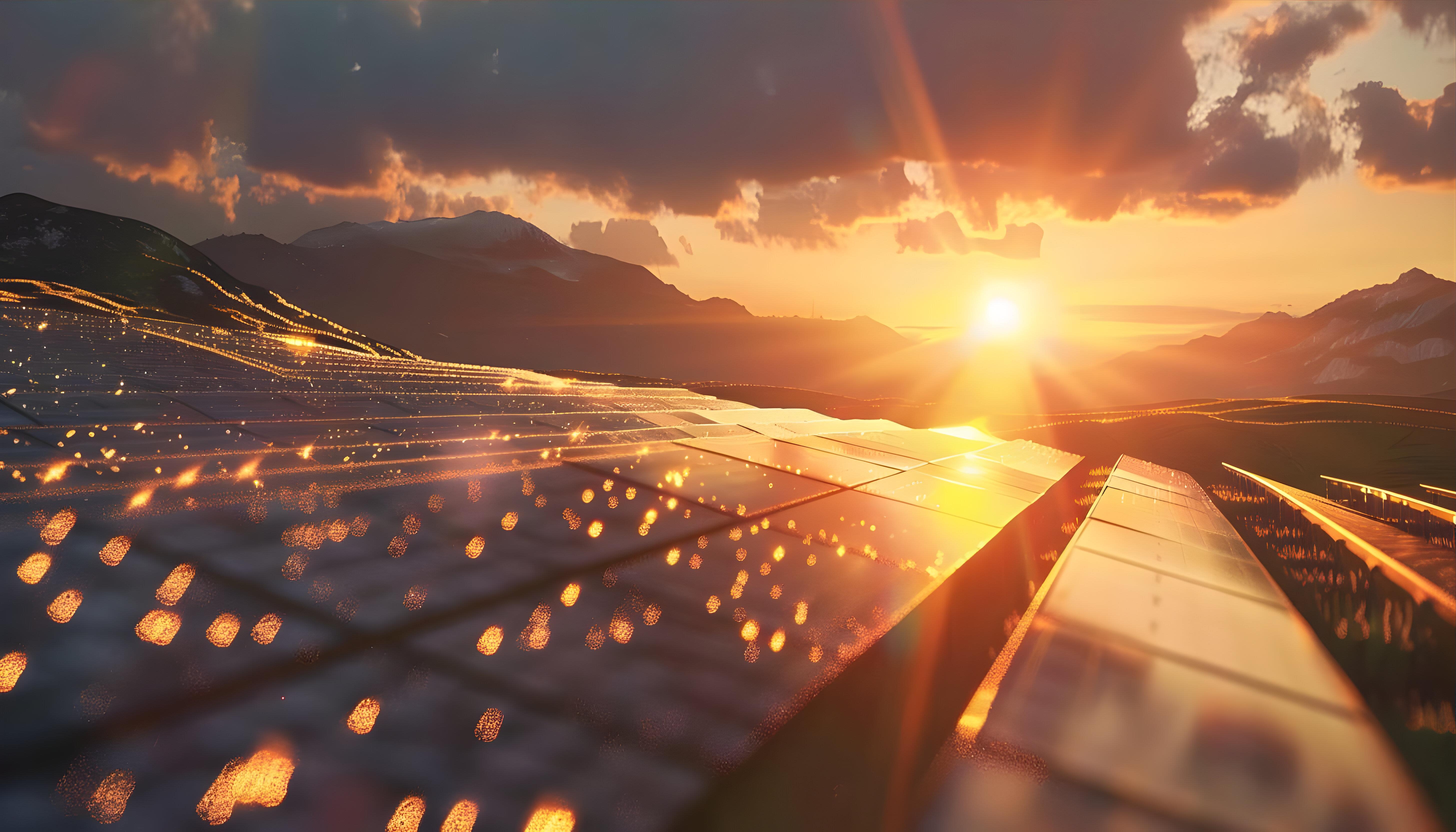 Sunset Nature Provides Renewable Energy Through Solar Power Generated By Ai